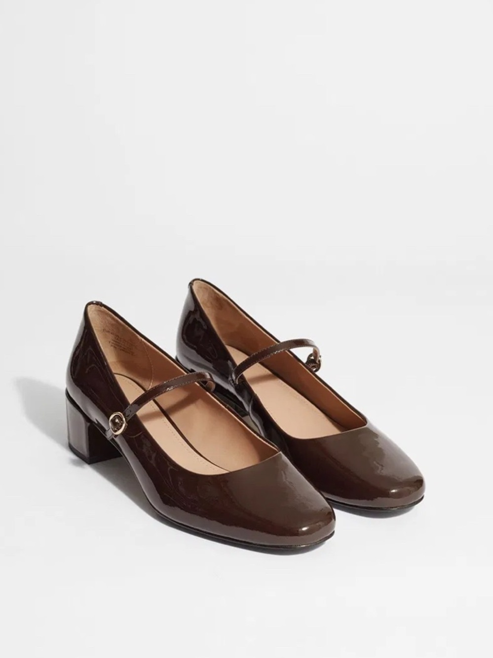 & Other Stories- New Women's Patent Mary Jane Block Heel Pumps in Dark Brown